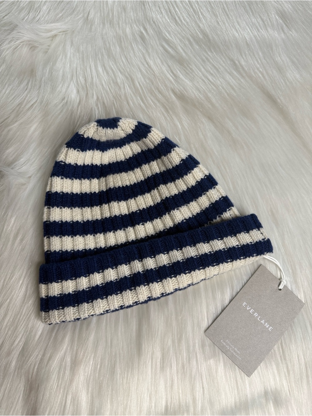 Everlane Cashmere Navy and Cream Striped Unisex Beanie NWT OS